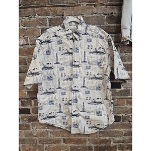 Bimini Bay Outfitters Shirt Mens XL Beige Nautical Boats Print Short Sleeve